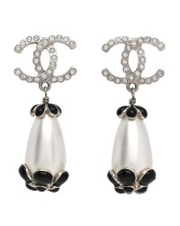 Pearl Crystal Enamel CC Flower Drop Earrings Gold Black
