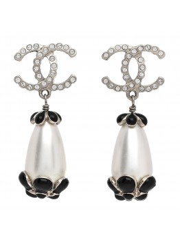 Pearl Crystal Enamel CC Flower Drop Earrings Gold Black