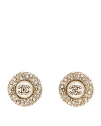 Pearl Crystal CC Round Earrings Light Gold