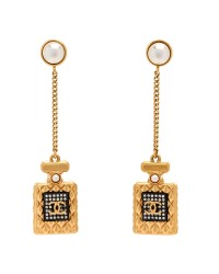 Crystal Pearl CC Perfume Bottle Chain Drop Earrings Gold
