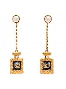 Crystal Pearl CC Perfume Bottle Chain Drop Earrings Gold