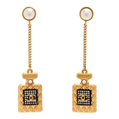Crystal Pearl CC Perfume Bottle Chain Drop Earrings Gold