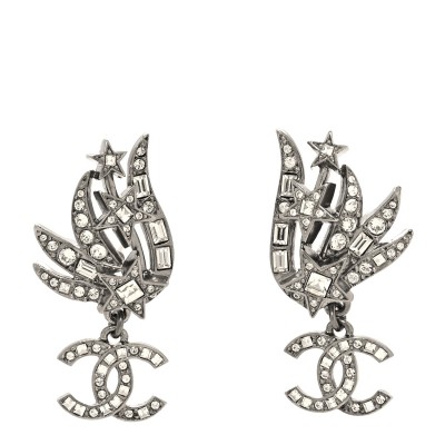 Crystal Baguette CC Wing Star Earrings Silver