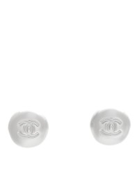 Resin Metal CC Stud Earrings Silver Pearly White