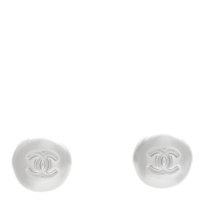 Resin Metal CC Stud Earrings Silver Pearly White