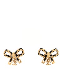 Lambskin Chain Bow Stud Earrings Black Gold