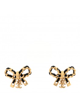 Lambskin Chain Bow Stud Earrings Black Gold