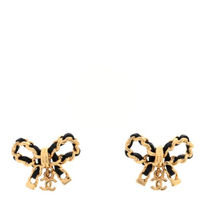 Lambskin Chain Bow Stud Earrings Black Gold