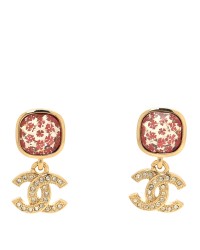 Crystal Printed CC Drop Earrings Gold Pink
