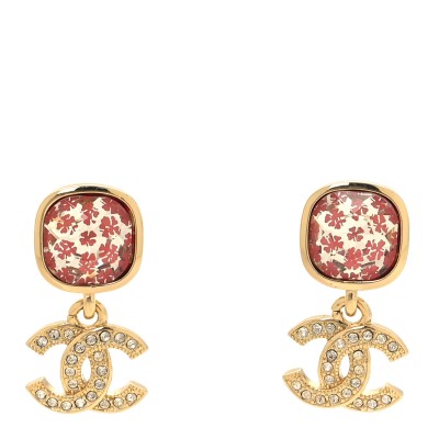Crystal Printed CC Drop Earrings Gold Pink