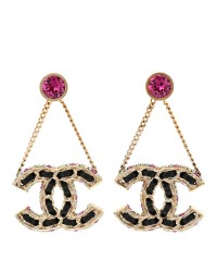 Metal Lambskin Crystal CC Chain Drop Earrings Black Gold Pink Multicolor