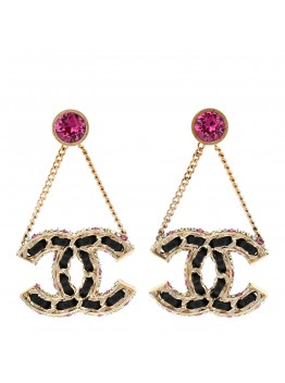 Metal Lambskin Crystal CC Chain Drop Earrings Black Gold Pink Multicolor