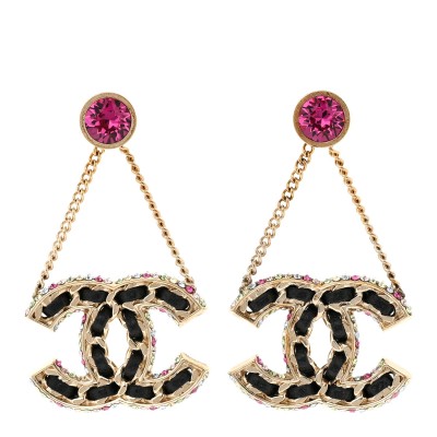 Metal Lambskin Crystal CC Chain Drop Earrings Black Gold Pink Multicolor