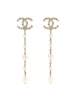 Pearl Crystal CC Charm Drop Earrings Gold Pink Pearly White
