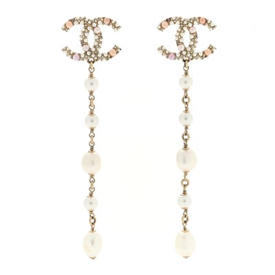 Pearl Crystal CC Charm Drop Earrings Gold Pink Pearly White