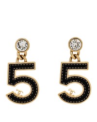 Metal CC No 5 Crystal Drop Earrings Gold Black