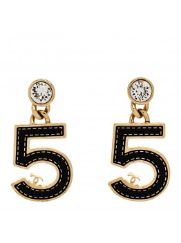 Metal CC No 5 Crystal Drop Earrings Gold Black
