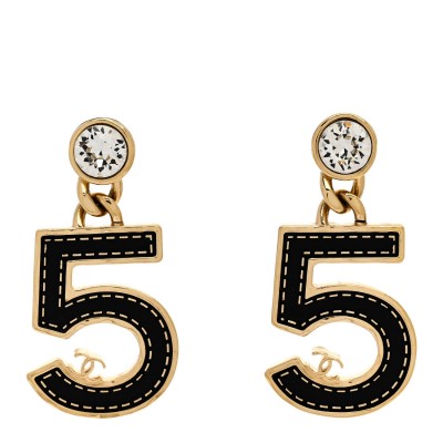Metal CC No 5 Crystal Drop Earrings Gold Black