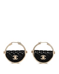 Metal Resin Quilted Flap Bag Hoop Earrings Black Gold