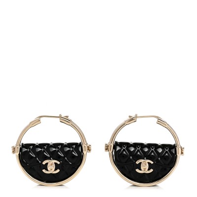 Metal Resin Quilted Flap Bag Hoop Earrings Black Gold