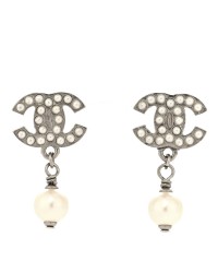 Crystal Pearl CC Drop Earrings Silver