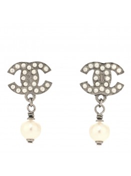 Crystal Pearl CC Drop Earrings Silver