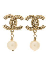 Crystal Pearl CC Drop Earrings Light Gold