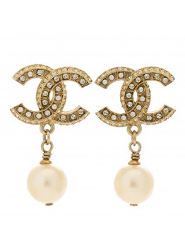 Crystal Pearl CC Drop Earrings Light Gold
