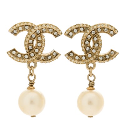 Crystal Pearl CC Drop Earrings Light Gold