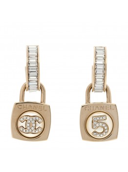 Pearl Crystal Baguette No 5 Lock Drop Earrings Gold Pearly White