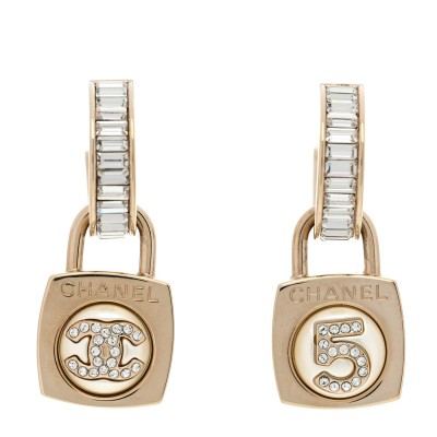 Pearl Crystal Baguette No 5 Lock Drop Earrings Gold Pearly White