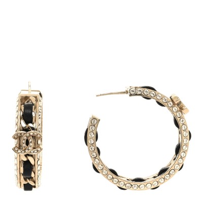 Crystal Lambskin CC Chain Hoop Earrings Gold Black