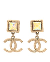 Iridescent Baguette Crystal CC Drop Earrings Gold