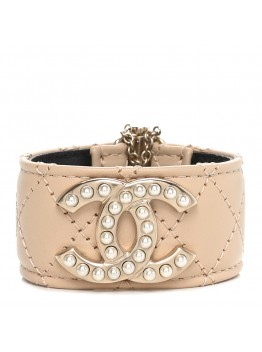 Lambskin Quilted Pearl CC Cuff Bracelet Beige