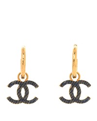 Metal Enamel CC Denim Drop Earrings Gold Blue