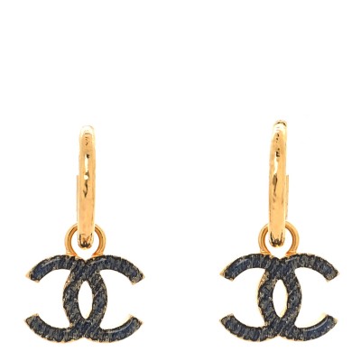 Metal Enamel CC Denim Drop Earrings Gold Blue