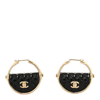 Metal Resin Quilted Flap Bag Hoop Earrings Black Gold