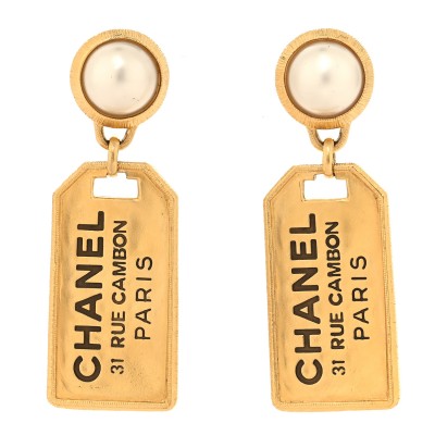 Pearl CC Tags Drop Earrings Gold