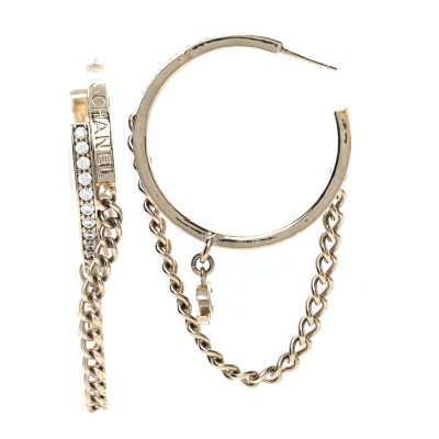 Metal Crystal Chain CC Hoop Earrings Gold