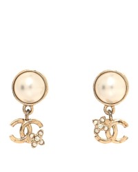 Pearl Crystal CC Flower Drop Earrings Gold Pearly White