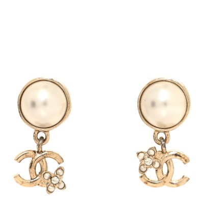 Pearl Crystal CC Flower Drop Earrings Gold Pearly White
