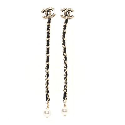 Lambskin Chain Crystal Pearl CC Drop Earrings Gold
