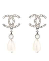 Pearl Crystal CC Drop Earrings Silver Pearly White