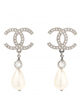 Pearl Crystal CC Drop Earrings Silver Pearly White