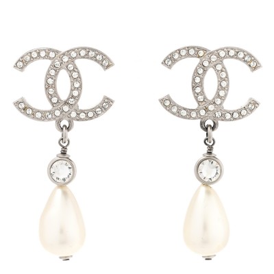 Pearl Crystal CC Drop Earrings Silver Pearly White