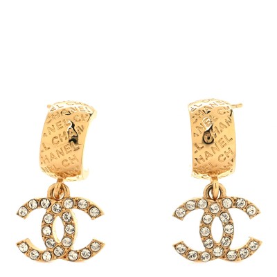 Metal Crystal CC Logo Hoop Drop Earrings Gold