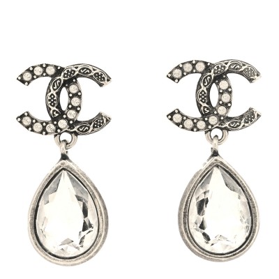 Crystal CC Tear Drop Earrings Silver