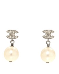 Crystal Pearl CC Drop Earrings Silver Pearly White
