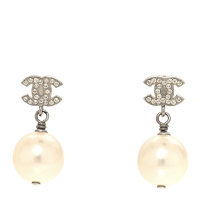 Crystal Pearl CC Drop Earrings Silver Pearly White