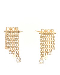 Crystal Pearl Logo Dangle Chain Earrings Gold